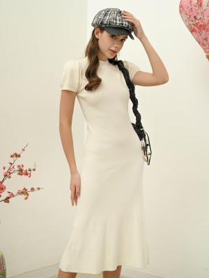 CNY24 High Neck Puff Sleeves Flare Midi Dress