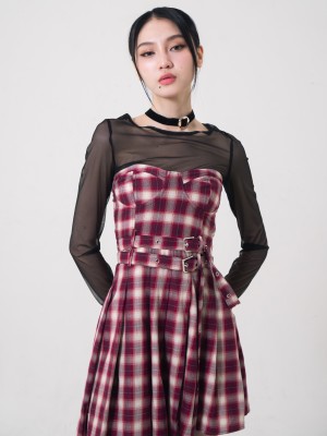 JR DITOX PADDED BRA CHECKERED ASYMMETRIC TUBE DRESS WITH BELT