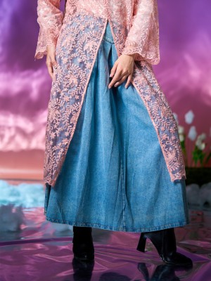 WW Denim Front Pleats Maxi Skirt