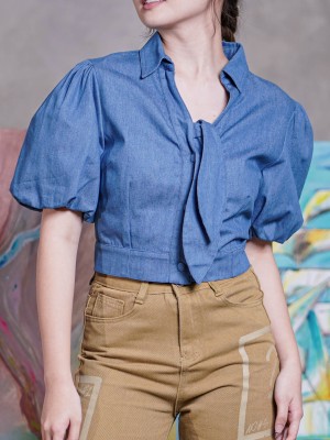 ER Puff sleeves crop sailor denim top