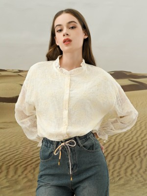 ELITE EID4 3D Flower Print Ruffles Neck Cream Tee