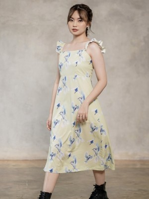 ER Bird Print Ruffles Sleeves Dress