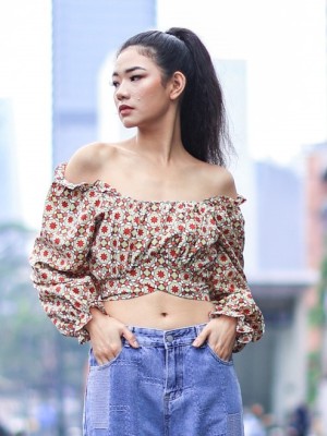 Off Shoulder Boho Print Back Tied Top