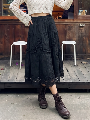 00 Ruffles Curtain Like TieredEmbroidery LongSkirt