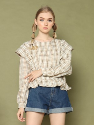 Ruffled-Bottom L/slv Checkered Top