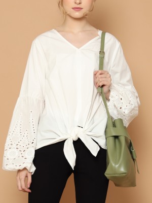 Embroidered Sleeves Tied Loose Top