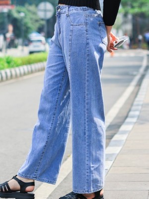 Front Stitch Wide Leg Washed Light Denim Jeans