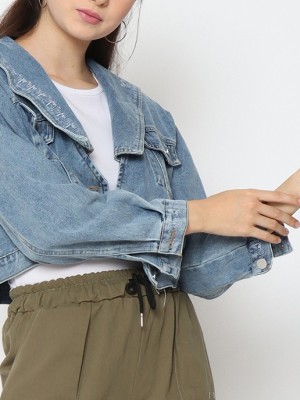 R Wide Collar Embroidered Denim Jacket