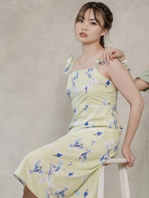 ER Bird Print Ruffles Sleeves Dress