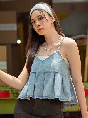 SEA Ruth V-Neck Denim Pleats Top
