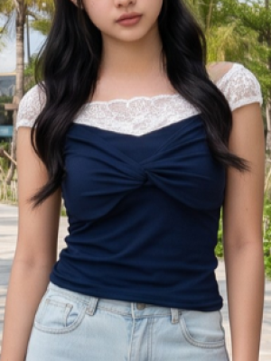 PG Lace Off Shoulder Front Twisted Top