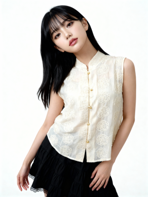 CNY Peony Embroidery Pearl Button Top
