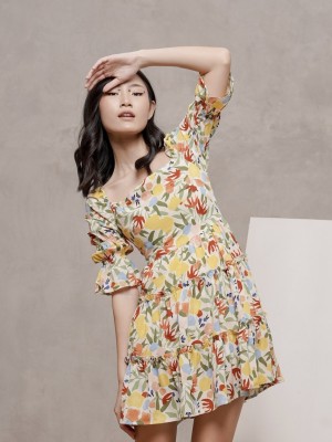 CNY Square neck flower paint dress