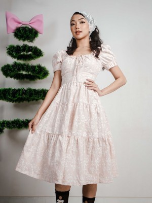 PT Neckline Drawstring 3D Print Linen Midi Dress