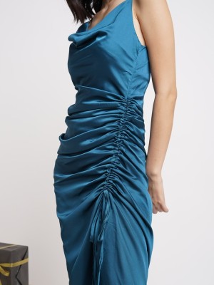 HG Side Drawstring Draped Satin Dress