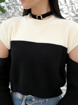 FELIZ23 2 tones Knitted Cold Shoulder Top