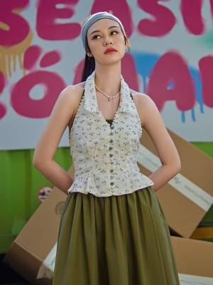 SEA Embroidery Print Cherry Halter Top