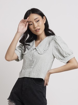 BFP Wide Ruffles Collar Semi Crop Checkered Shirt