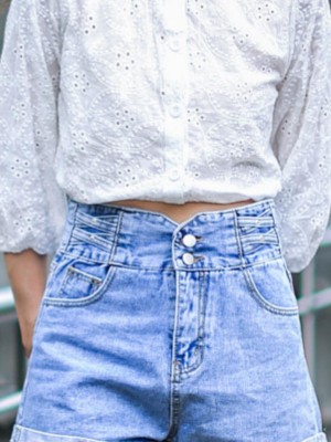 High Waist Plaid Denim Short