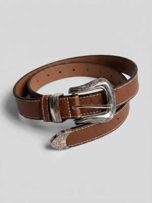 Engraved Silver Buckle Black  And Brown Belt