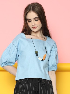 Puff Sleevees Square Neckline Denim Top