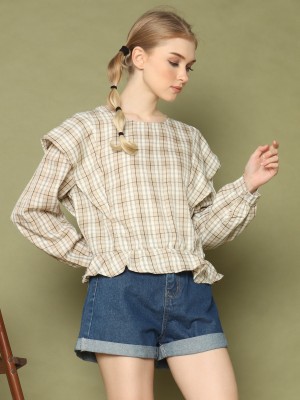 Ruffled-Bottom L/slv Checkered Top