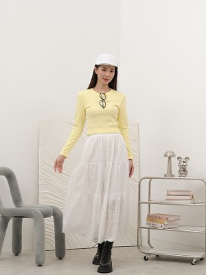 SMARTEN TieredElasticWaist Flower Eyelet Skirt R01