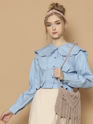 Pinched Waist Ruffles Collar Semi Crop Shirt