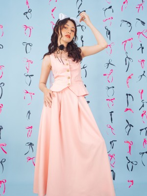 PT 2 pcs Set Vest Flower Button Top And Skirt
