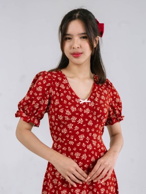CNY Puff Sleeves V - Neck Flower Print Dress