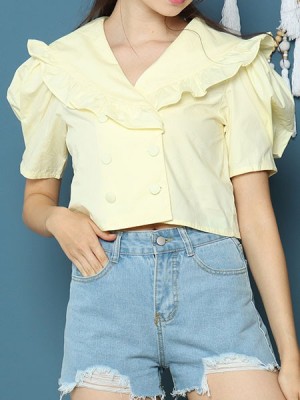 Cottage Core Ruffles Edge Collar Double Button Semi Crop Top