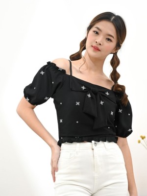 Embroidered off shoulder ribbon front top