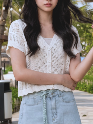 PG Embroidery Knitted Short Sleeves Cardigan
