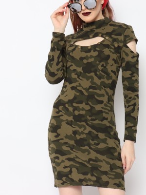 TM CAMO COLD SHOULDER NECKLINE HOLE DRESS