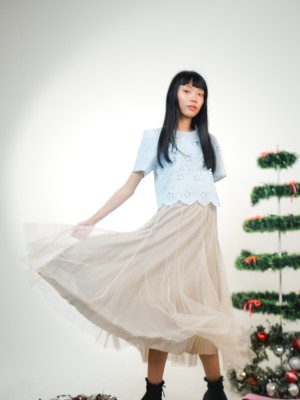 HT Semi Crop Eyelet Embroidery With Ribbon