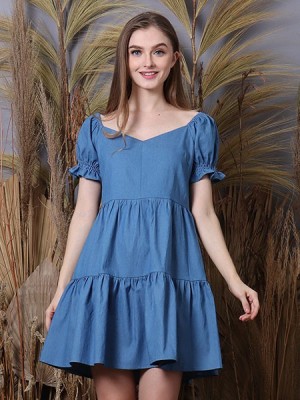 Cottage Core Layer Hearth Neckline Mini Denim Dress