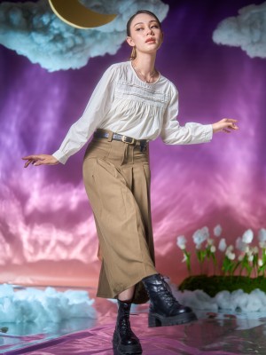 WW Dunya Front Pocket Pleats Wide Skirt