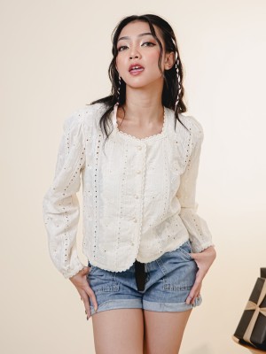 HT24 Square Neck Embroidery Button Top