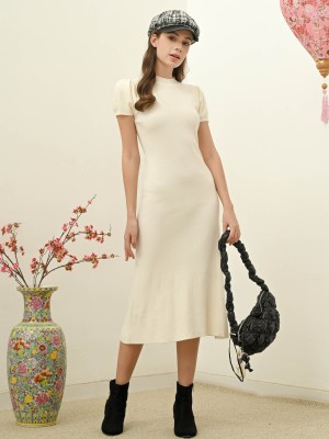 CNY24 High Neck Puff Sleeves Flare Midi Dress