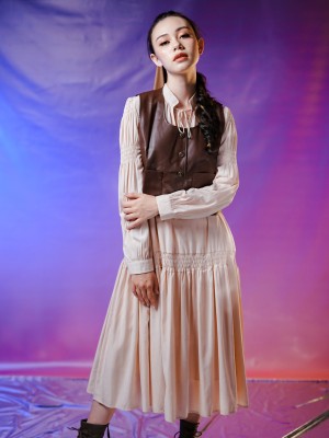 WW 2Pcs Set Rose Synthetic Leather Vest And Maxi Dress