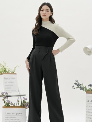 EID23 2 Tones Side Cold Shoulder Knit Top