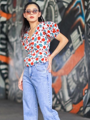 Waist Button Sew Wide Leg Denim Jeans