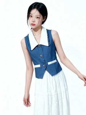 Farah Gold Ribbon Button Ruffles Accent Collar Top