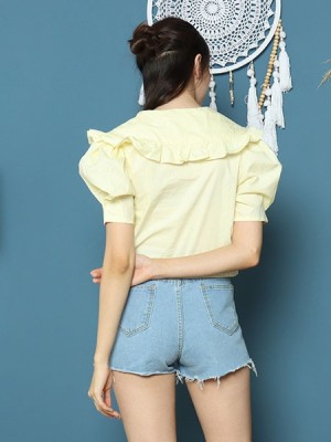 Cottage Core Ruffles Edge Collar Double Button Semi Crop Top