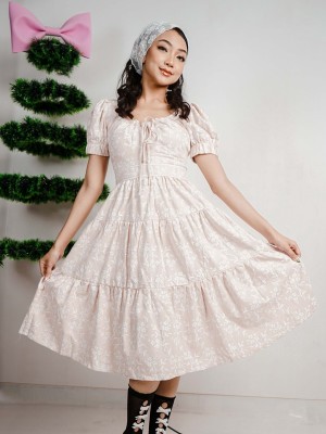 PT Neckline Drawstring 3D Print Linen Midi Dress