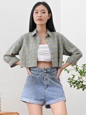 High Waist Plaid Denim Short RO1