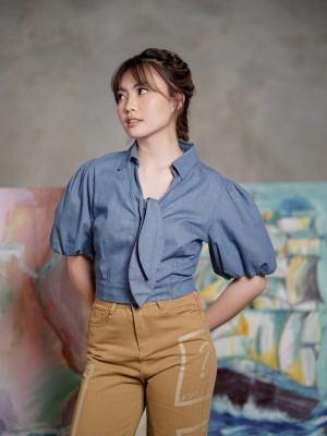 ER Puff sleeves crop sailor denim top