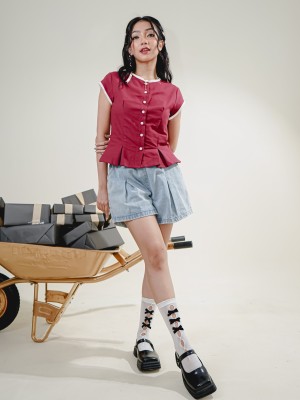 Lace Edge Round Neck Button Top RO1