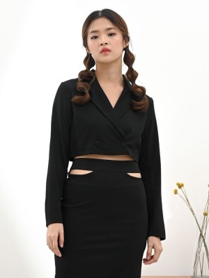 2Pcs Set Black Blazer and Cut out Skirt