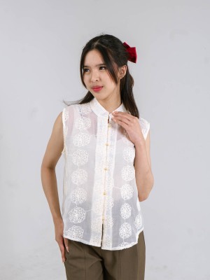 CNY Peony Embroidery Pearl Button Top